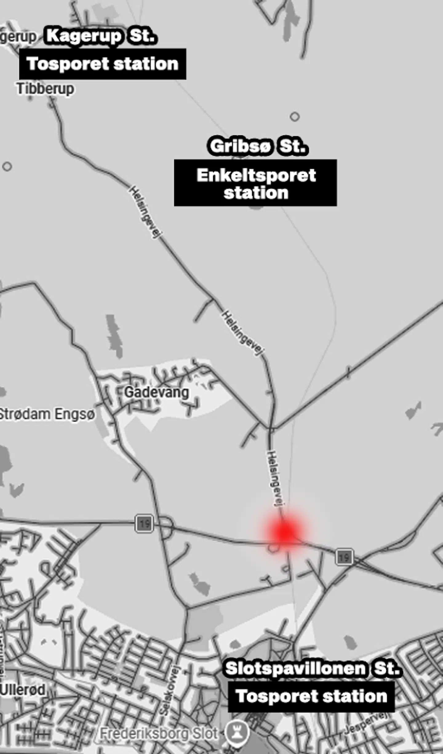 De to tog kolliderede ved det den markerede prik. Arbejdet for at klarlægge, hvad der skete pågår stadig.