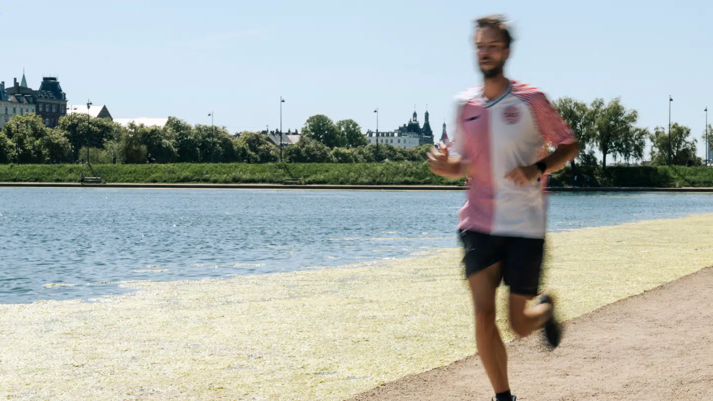 Mand løber i solskin ved Sortedams Sø i København, mandag den 13. maj 2024.