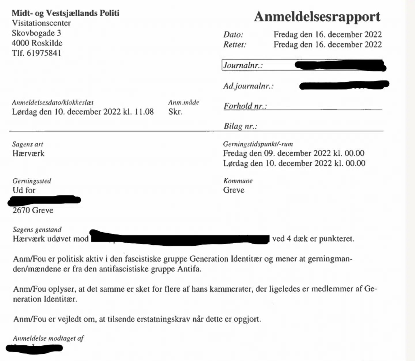 Anmeldelsesrapport.