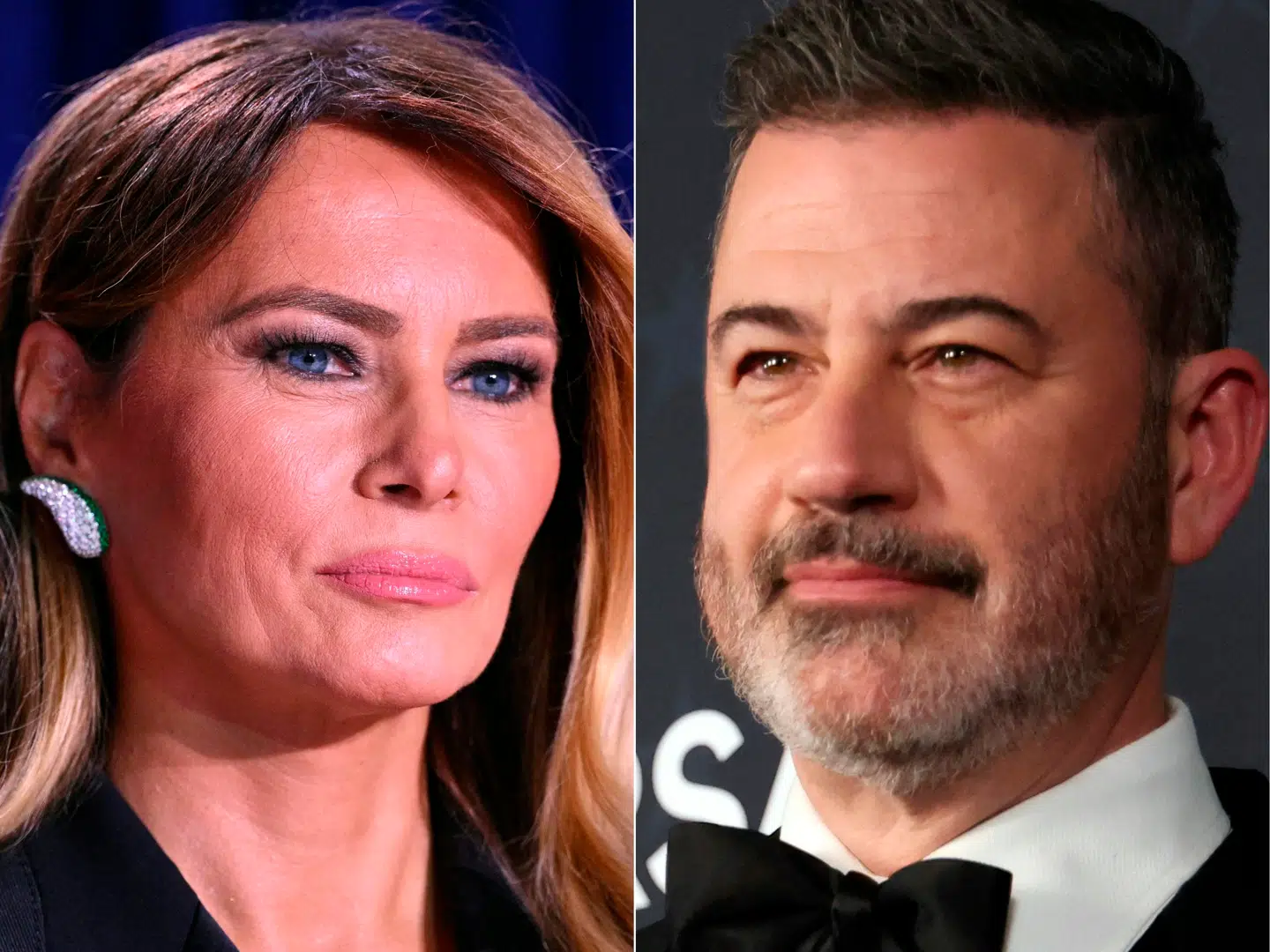 Melania Trump (tv.) kritiserer Jimmy Kimmel (th.), som lørdag kaldte hende en »vordende enke«.