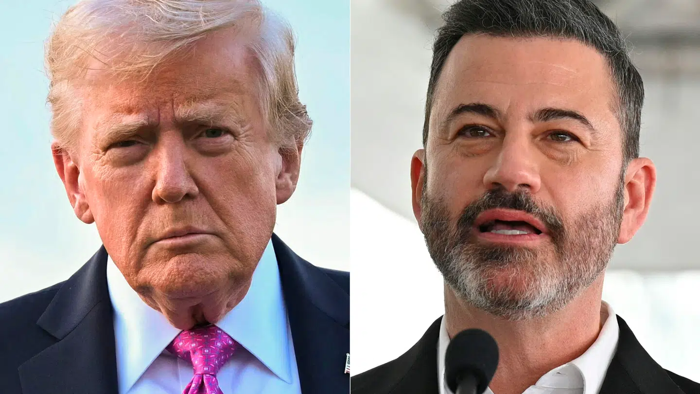 Donald Trump (tv) kræver Jimmy Kimmel (th) fyret efter joke om Melania Trump få dage før skyderi ved korrespondentmiddag.