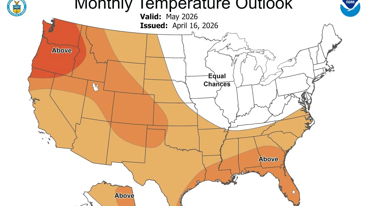 Denne prognose fra National Weather Service viser varmekortet for de kommende måneder i værtslandet.