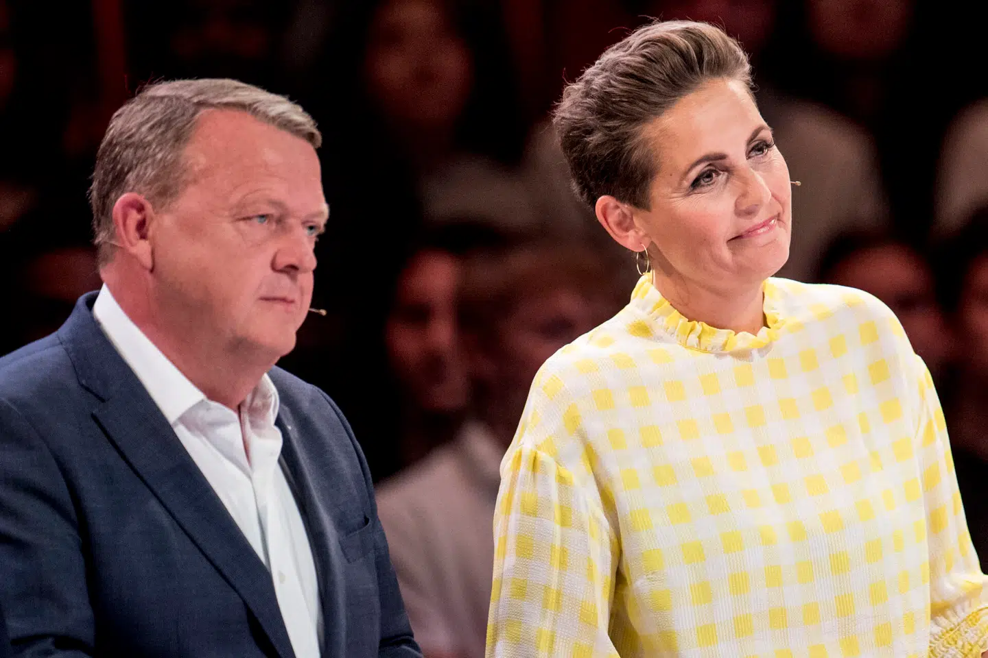 Lars Løkke Rasmussen og Pia Olsen Dyhr under partilederrunden Demokratiets Aften hos Danmarks Radio i DR Byen i København, mandag den 3. juni 2019.