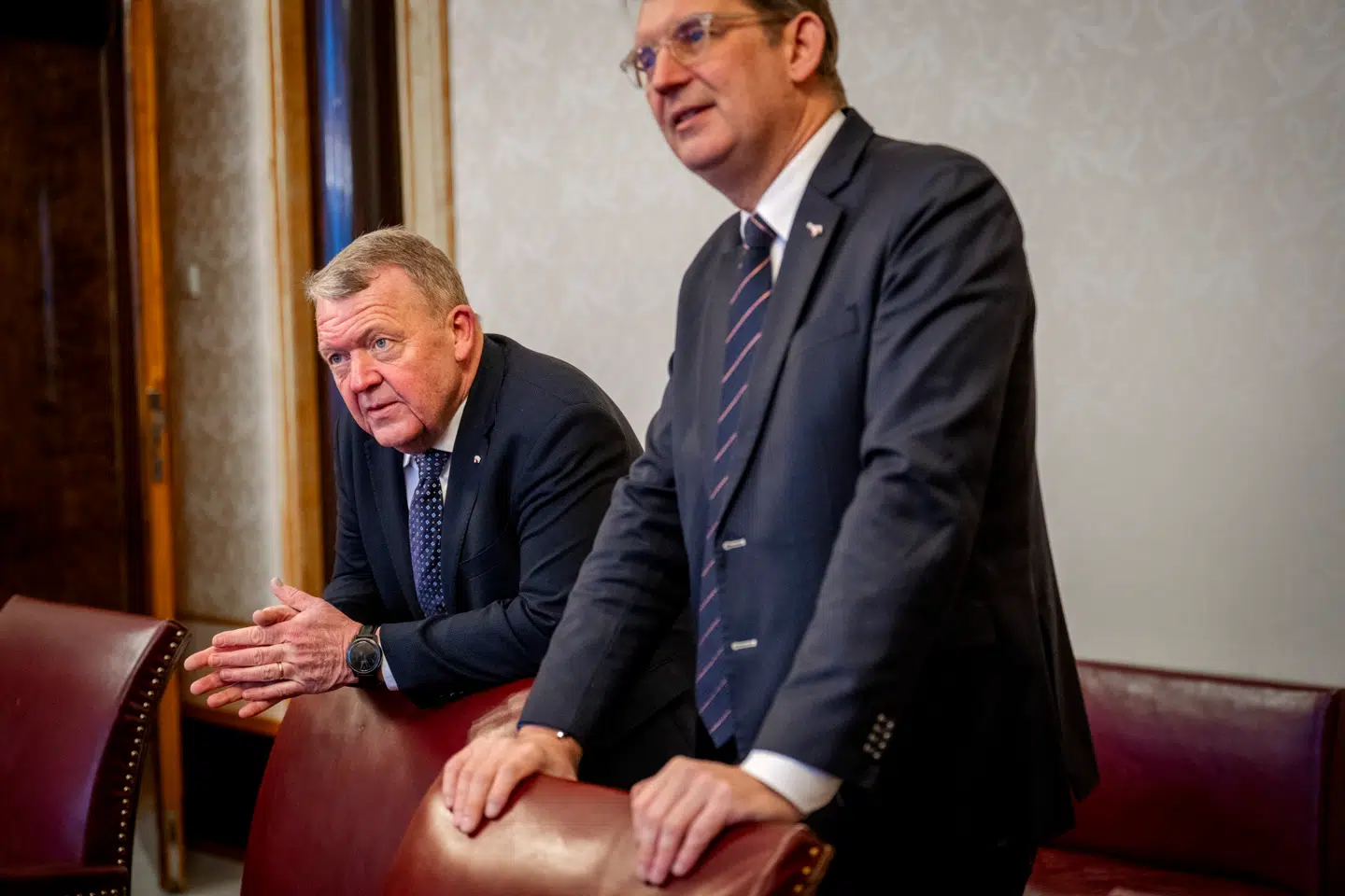 Udenrigsminister Lars Løkke Rasmussen og forsvarsminister Troels Lund Poulsen inden et møde med kongeparret og Estlands præsidentpar i Præsidentpaladset i Tallinn, Estland, tirsdag den 27. januar 2026.