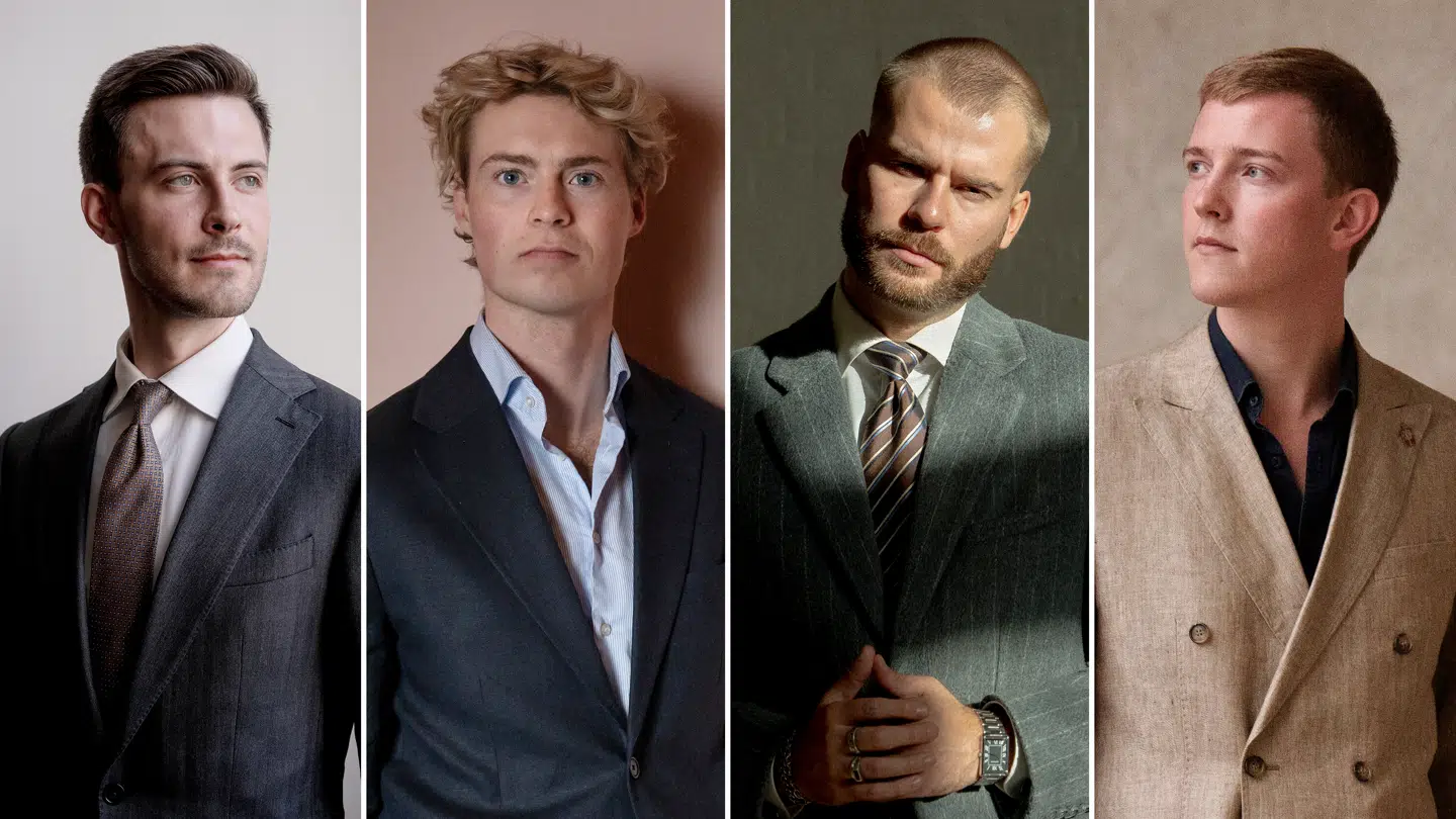 Her ses »det borgerlige boyband«. Fra venstre mod højre: Malte Boehm Larsen (DF), Mads Strange (DF), Mitchel Oliver (Morten Messerschmidts SoMe-rådgiver) og Mikkel Bjørn (DF). Foto: Linda Kastrup/Asger Ladefoged/Nicoline Kjems-Krognos