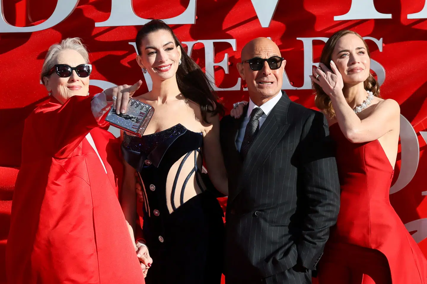 Meryl Streep, Anne Hathaway, Stanley Tucci og Emily Blunt ses på den røde løber under den europæiske premiere til "The Devil Wears Prada 2" i London den 22. april. (Arkivfoto).