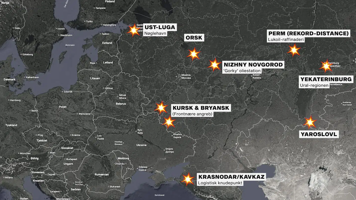 Oversigt over de steder, hvor Ukraine har ramt Rusland de seneste uger.