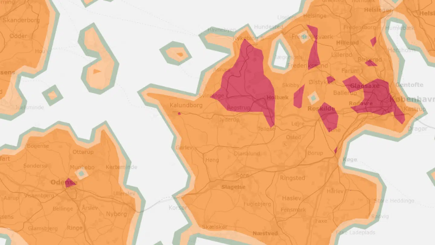 Her et nærmere blik på, hvor i Danmark, der er 'meget høj' brandfare. Det gælder særligt Odense, Holbæk-området og omkring hovedstaden.
