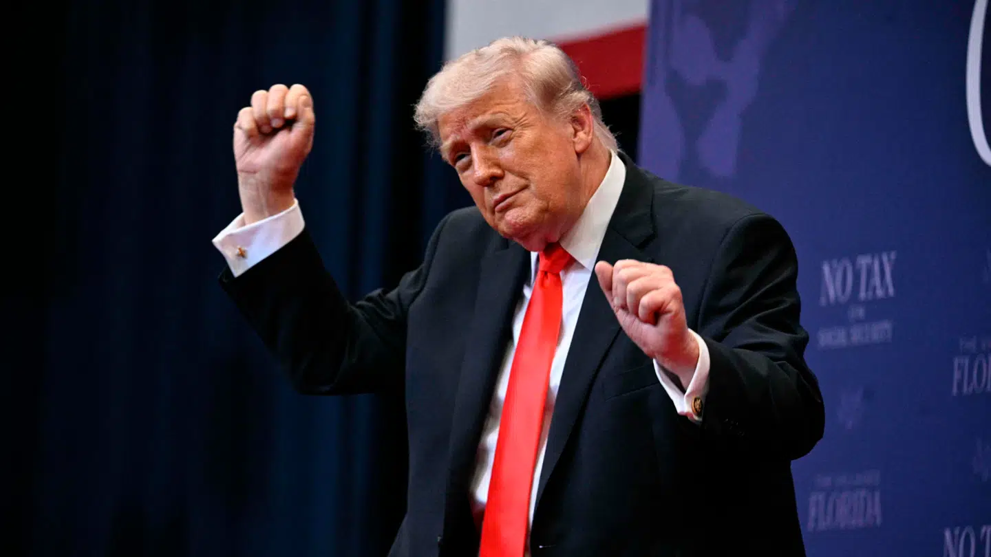 US President Donald Trump does his little dance after giving a speech about taxes and Social Security in The Villages, Florida, on May 1, 2026. (Photo by Jim WATSON / AFP)
