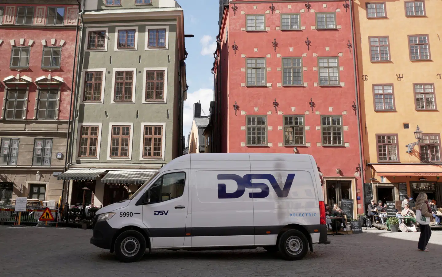 A logo for DSV is displayed on a van in the old city of Stockholm, Sweden, April 27, 2026. REUTERS/Tom Little