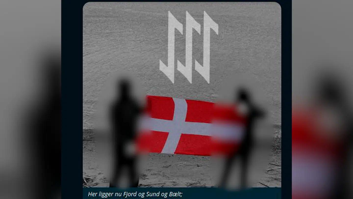 I en lukket chat på den krypterede beskedtjeneste Telegram med tilknytning til den nynazistiske terrororganisation The Base har en bruger delt dette billede, der tilsyneladende viser to danske medlemmer af terrororganisationen. Her poserer de med Dannebrog på en strand. Over flaget har brugeren redigeret The Bases logo ind.