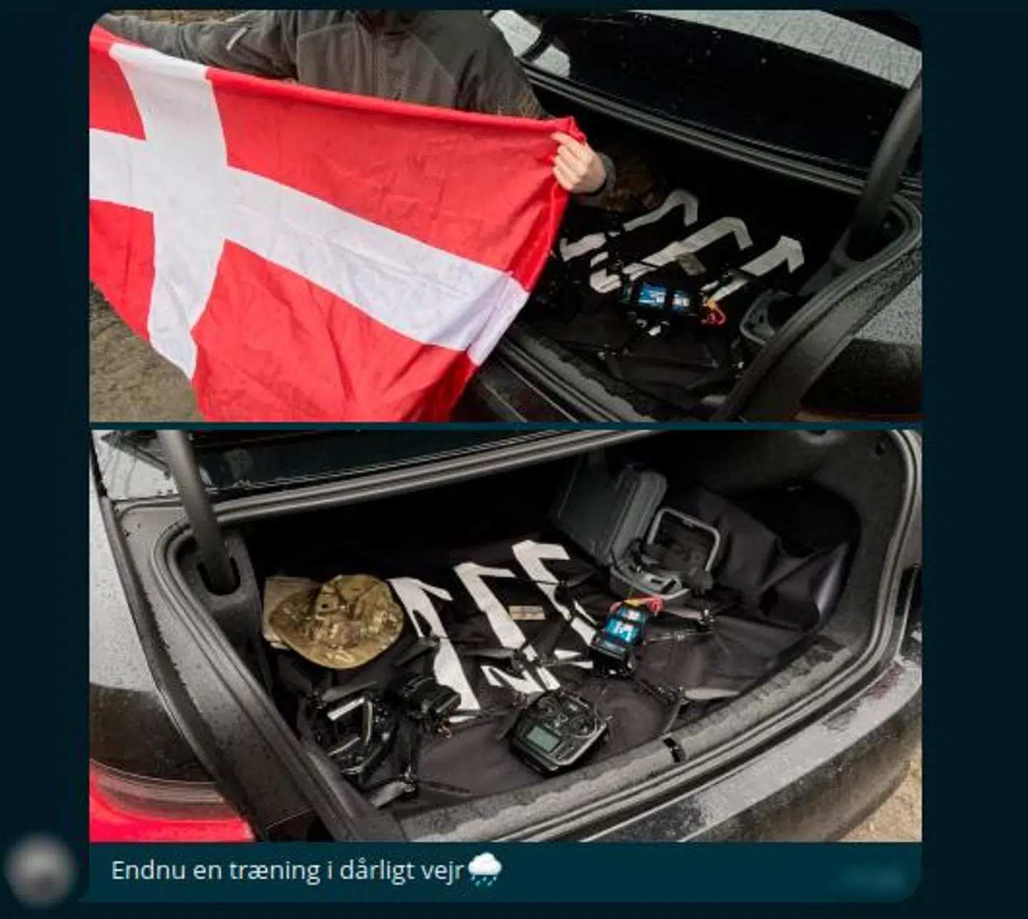 En bruger i en lukket chat på Telegram har delt disse to billeder. De stammer tilsyneladende fra en træningssession med danske medlemmer af The Base. Øverst ses en uidentificerbar person, der holder Dannebrog. I bilens bagagerum ses et banner med The Bases logo samt nogle fjernstyrede droner og en camouflagehat.