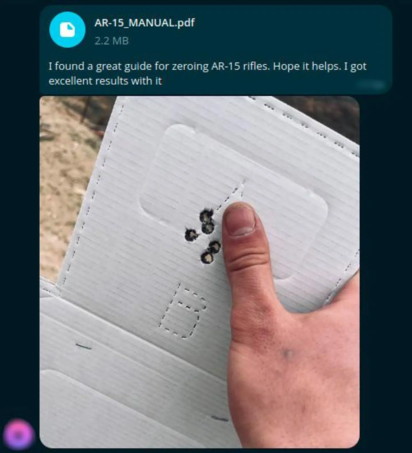 En udenlandsk bruger i en lukket chat på Telegram med tilknytning til The Base har delt dette billede, hvor han vedhæfter en manual til at kalibrere en riffel af AR15-typen. Danske brugere er også aktive i chatten.
