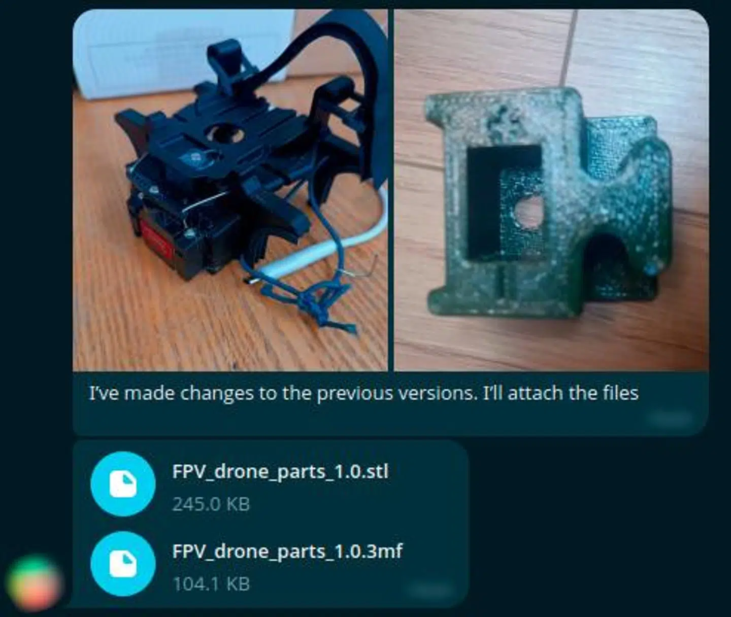 En udenlandsk bruger i en lukket chat på Telegram med tilknytning til The Base har delt disse billeder af 3d-printede dronedele samt en manual til selv at printe lignende. Danske brugere er også aktive i chatten.