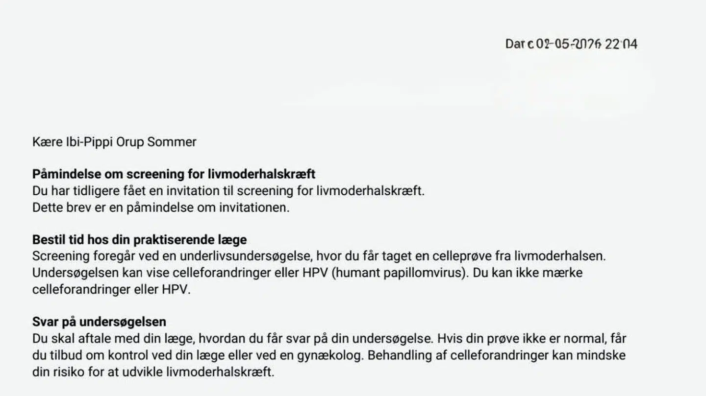B.T. har fået lov til at dele det screenshot, Ibi-Pippi har taget af indkaldelsen til screeningen.