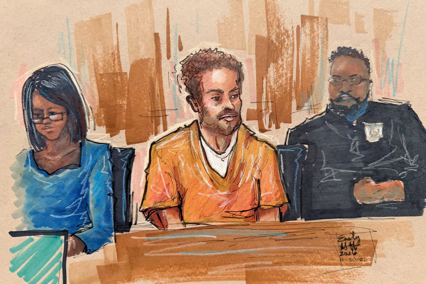En tegning viser Cole Tomas Allen, der er mistænkt for attentatforsøg mod Donald Trump, under en retshøring i slutningen af april. Han erklærer sig nu ikke skyldig alle anklager. (Arkivfoto).