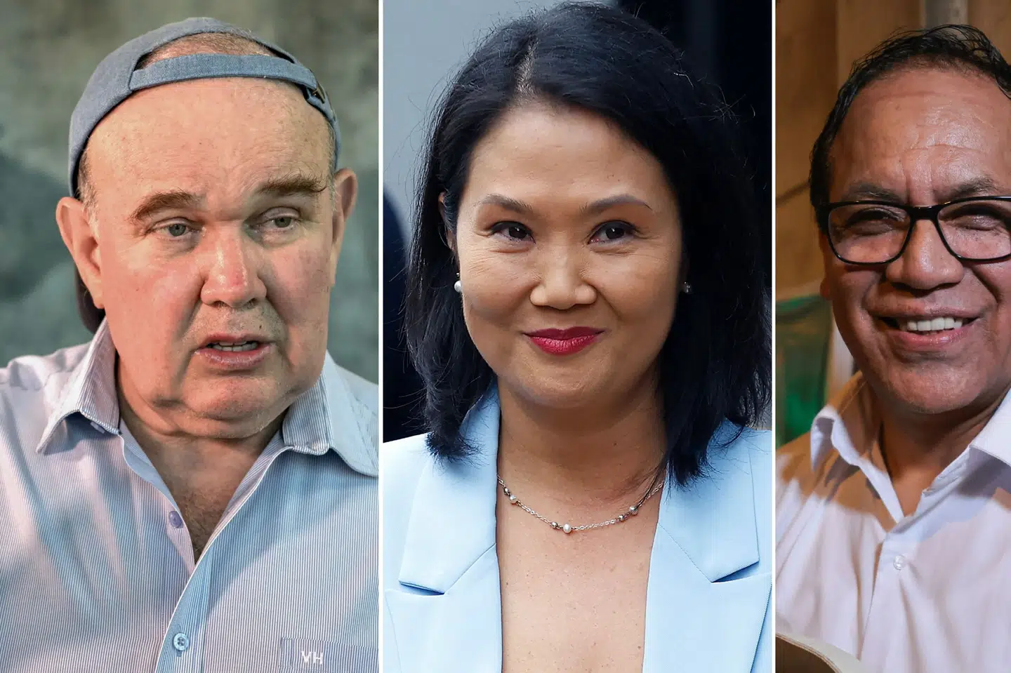 Rafael Lopez Aliaga (til venstre), Keiko Fujimori (i midten) og Roberto Sanchez (til højre) er fortsat i spil til at blive præsident i Peru. Fujimori har fået flest stemmer i første valgrunde, mens det er tæt mellem de to andre kandidater. Anden valgrunde foregår den 7. juni. (Arkivfoto).