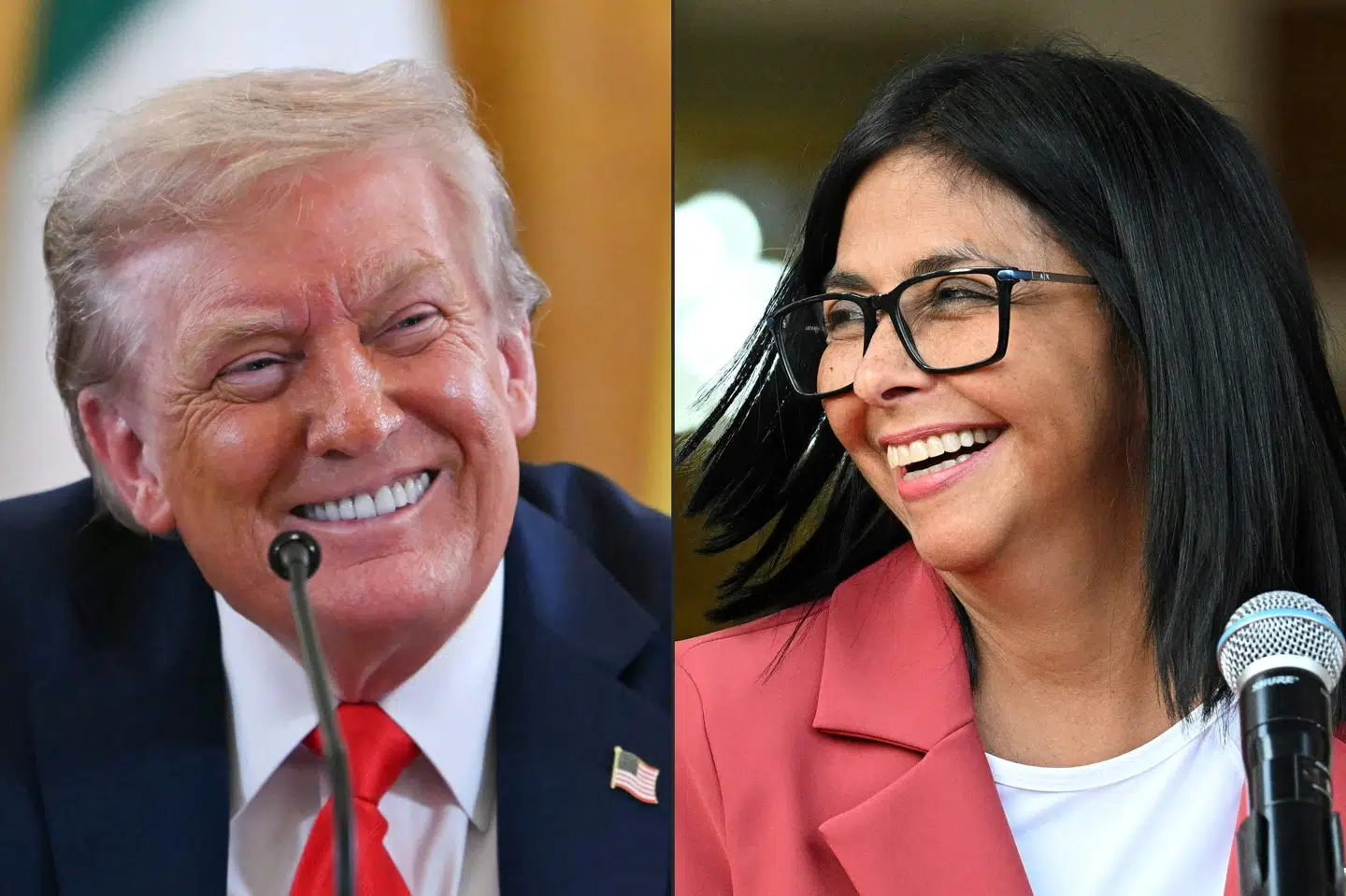Til venstre ses USA's præsident, Donald Trump, på et billede fra marts. Til højre ses Venezuelas fungerende præsident, Delcy Rodriguez, på et billede fra samme måned. Hun siger, at Venezuela ikke er en koloni. (Arkivfoto).