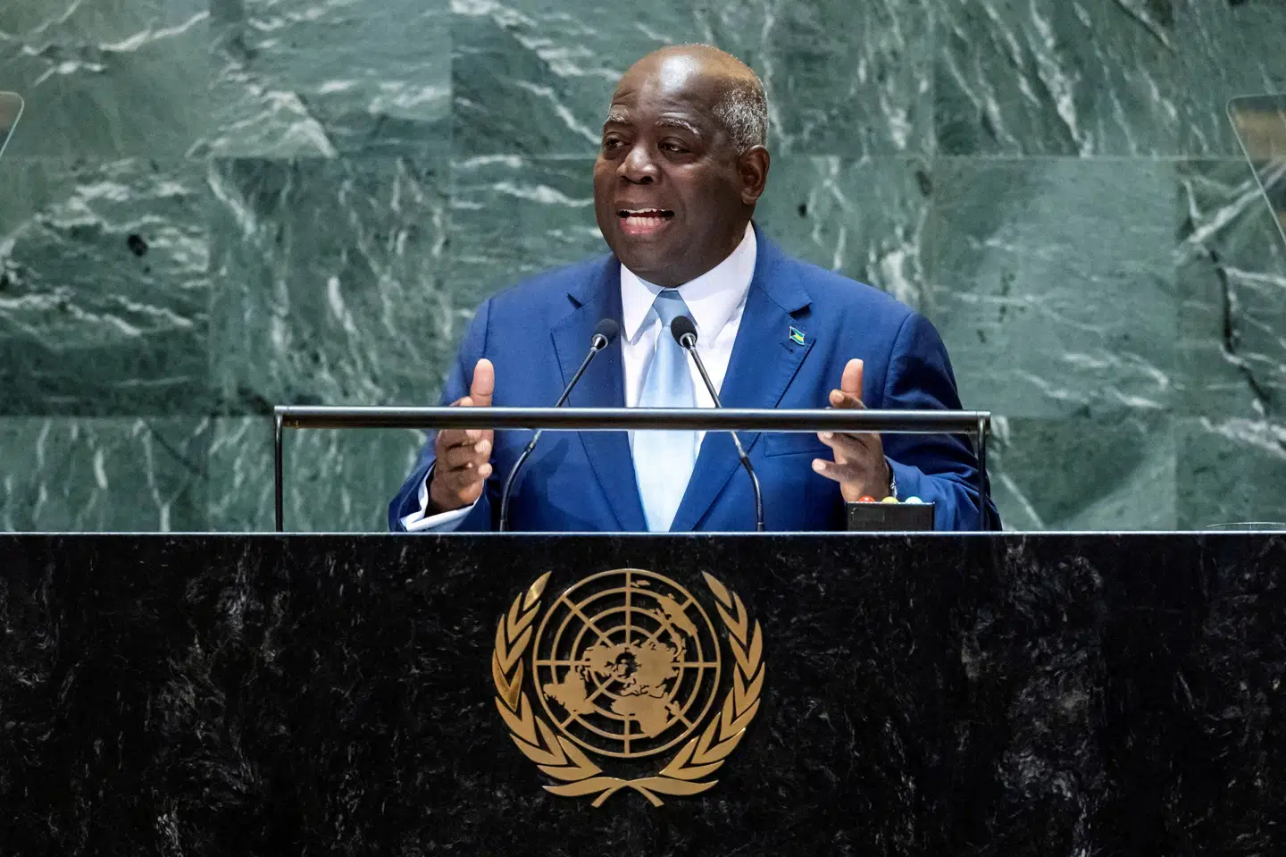 Bahamas' premierminister, Philip Davis, ses tale til FN's generalforsamling i september 2024. Han takker befolkningen for valgsejr. (Arkivfoto).
