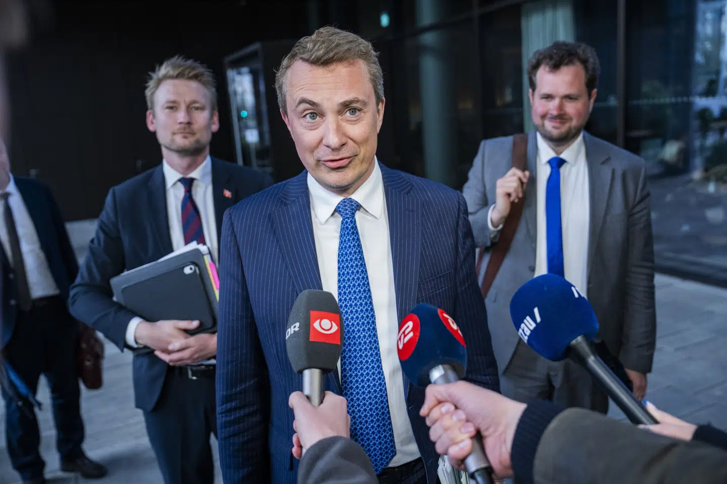 DF-formand Morten Messerschmidt understregede mandag, at han ikke vil støtte en regering med Moderaterne, da han var til møde på Scandic Spectrum i København med kongelig undersøger Troels Lund Poulsen (V). (Arkivfoto).