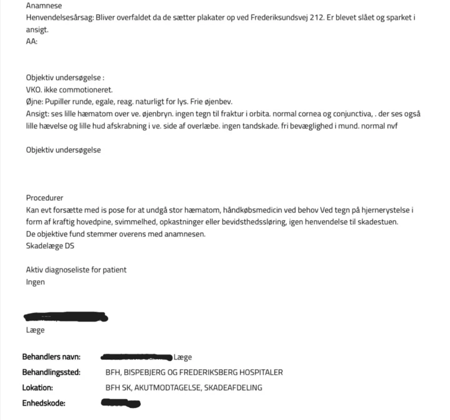 Skærmbillede af Frederik Skovs hospitalsjournal efter overfaldet i Brønshøj.