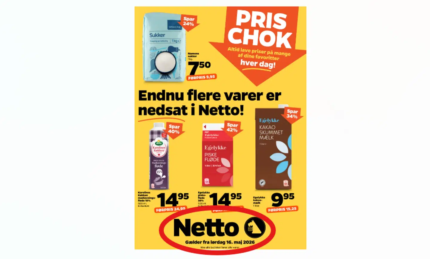 Her ses første side af Nettos nye avis på 18 sider med de nedsatte priser. Som det ses, så står der ikke en slutdato for de nye priser.