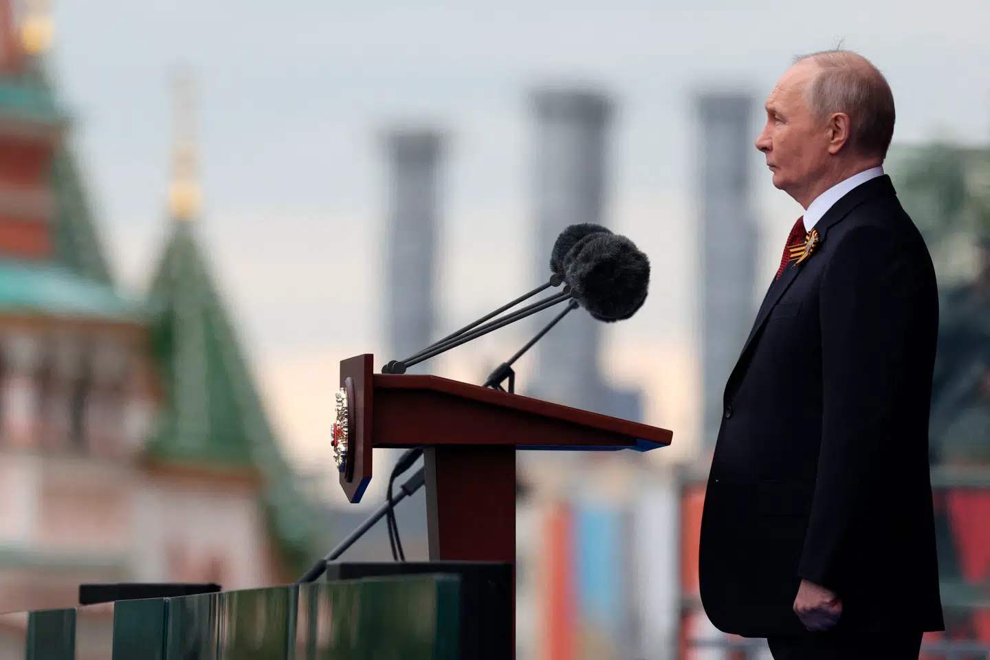 Den russiske præsident, Vladimir Putin, ses her give en tale i Moskva den 9. maj.