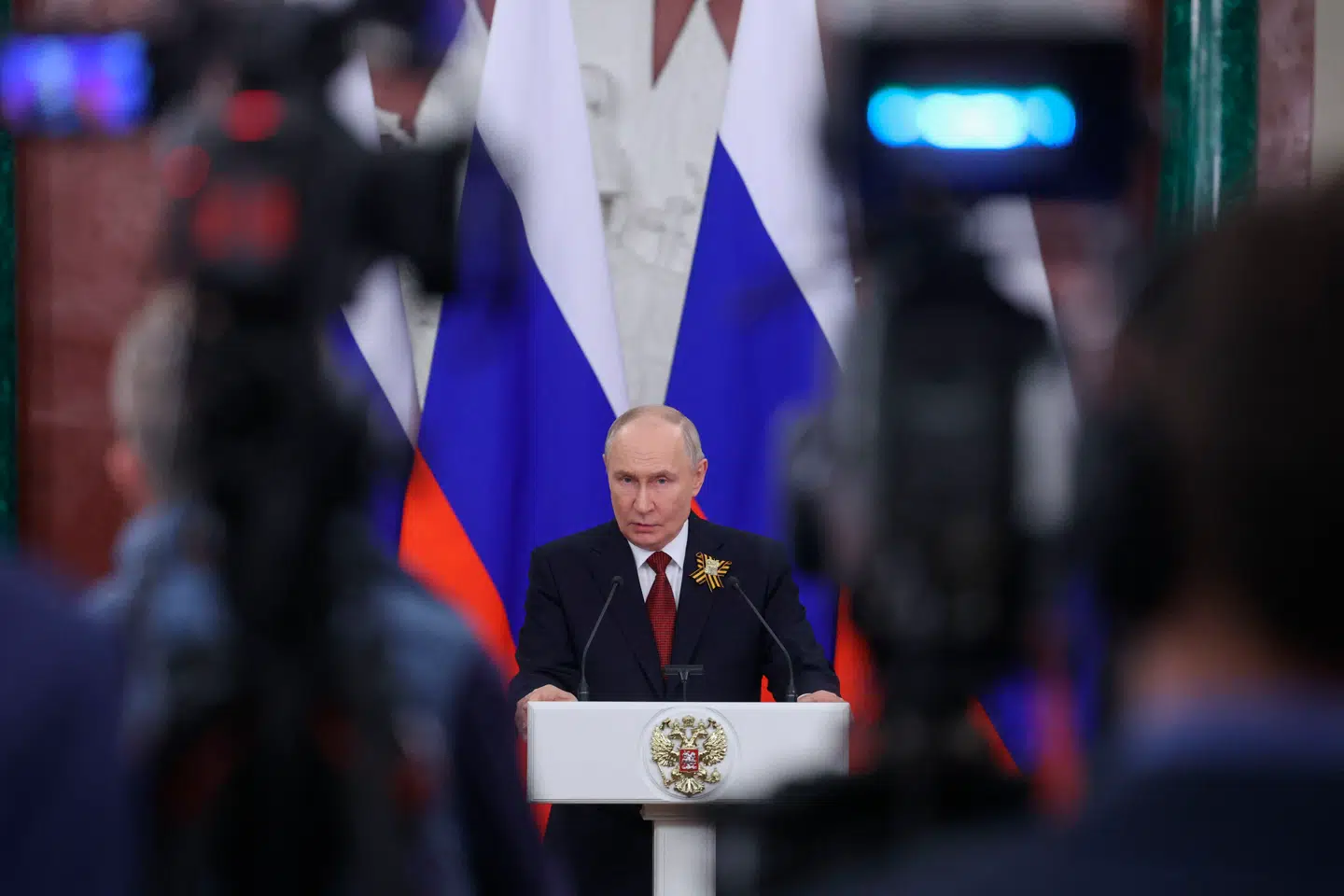 Den russiske præsident, Vladimir Putin, ses her give en tale i Moskva den 9. maj.