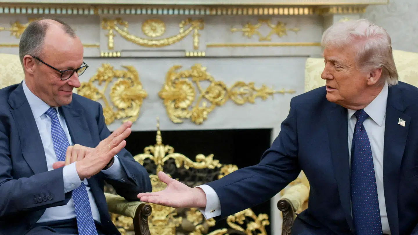 Den amerikanske præsident og tyske kansler i Det Hvide Hus i marts 2026.