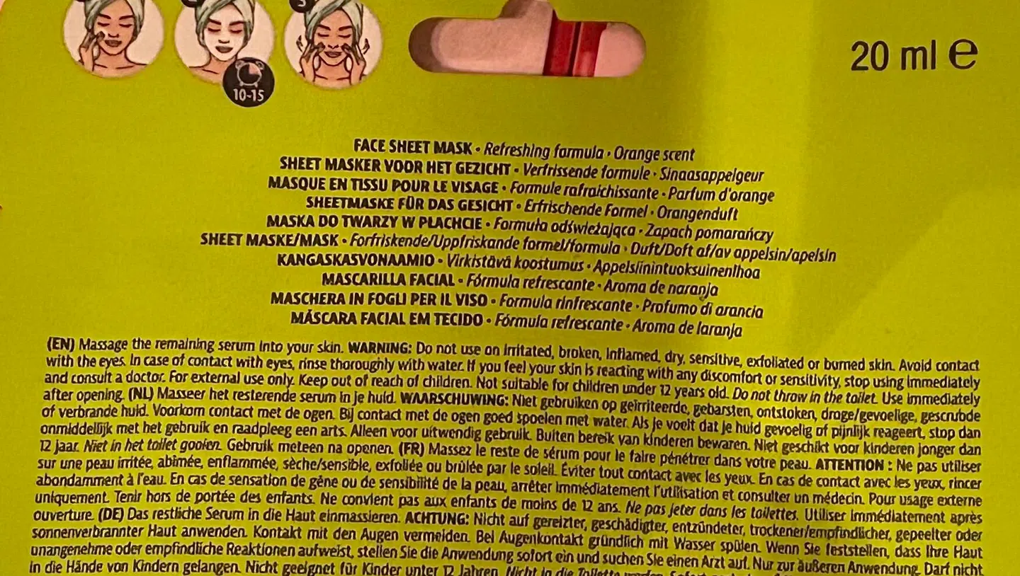 Masken indeholder blandt andet parfume, citrusolie og phenoxyethanol, som kan give irritation, rødme og svie.