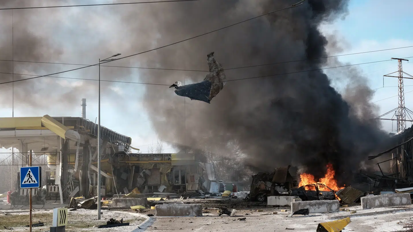 Ødelæggelserne efter et dobbelt Shaheddrone-angreb på den østukrainske by Kramatorsk 9. februar 2026.