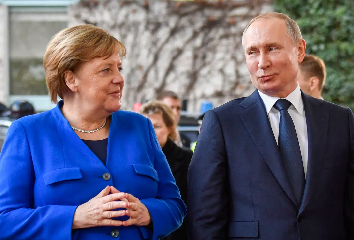 Her ses den daværende tyske kansler, Angela Merkel, sammen med præsident Vladimir Putin i 2020.