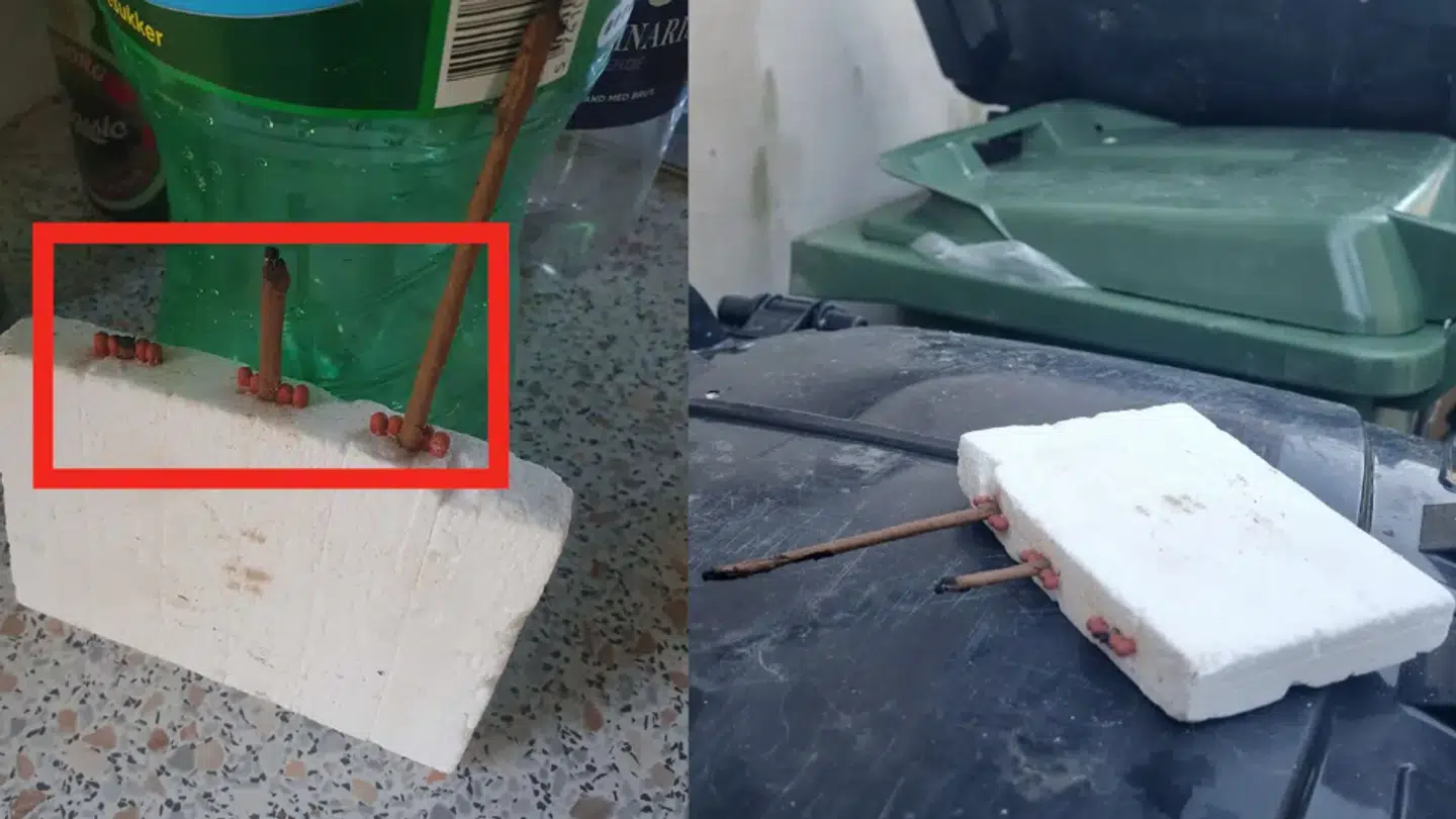 Det var denne hjemmelavede "brandbombe," som familien Johansen fandt den 27. december en bil tilhørende en gæst på deres grund. Privatfoto.