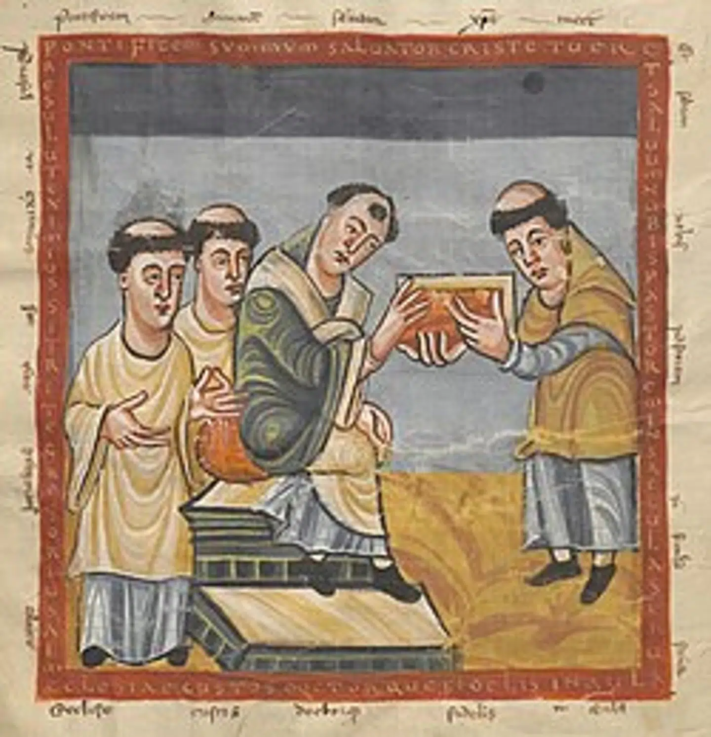 Teologen Rabanus Maurus præsenterer sit teologiske værk for pave Gregor IV. Værket er fra 810-840 og ejes af Det Østrigske Nationale Bibliotek. Det er Rabanus Marus til højre. Foto: Wikipedia Commons