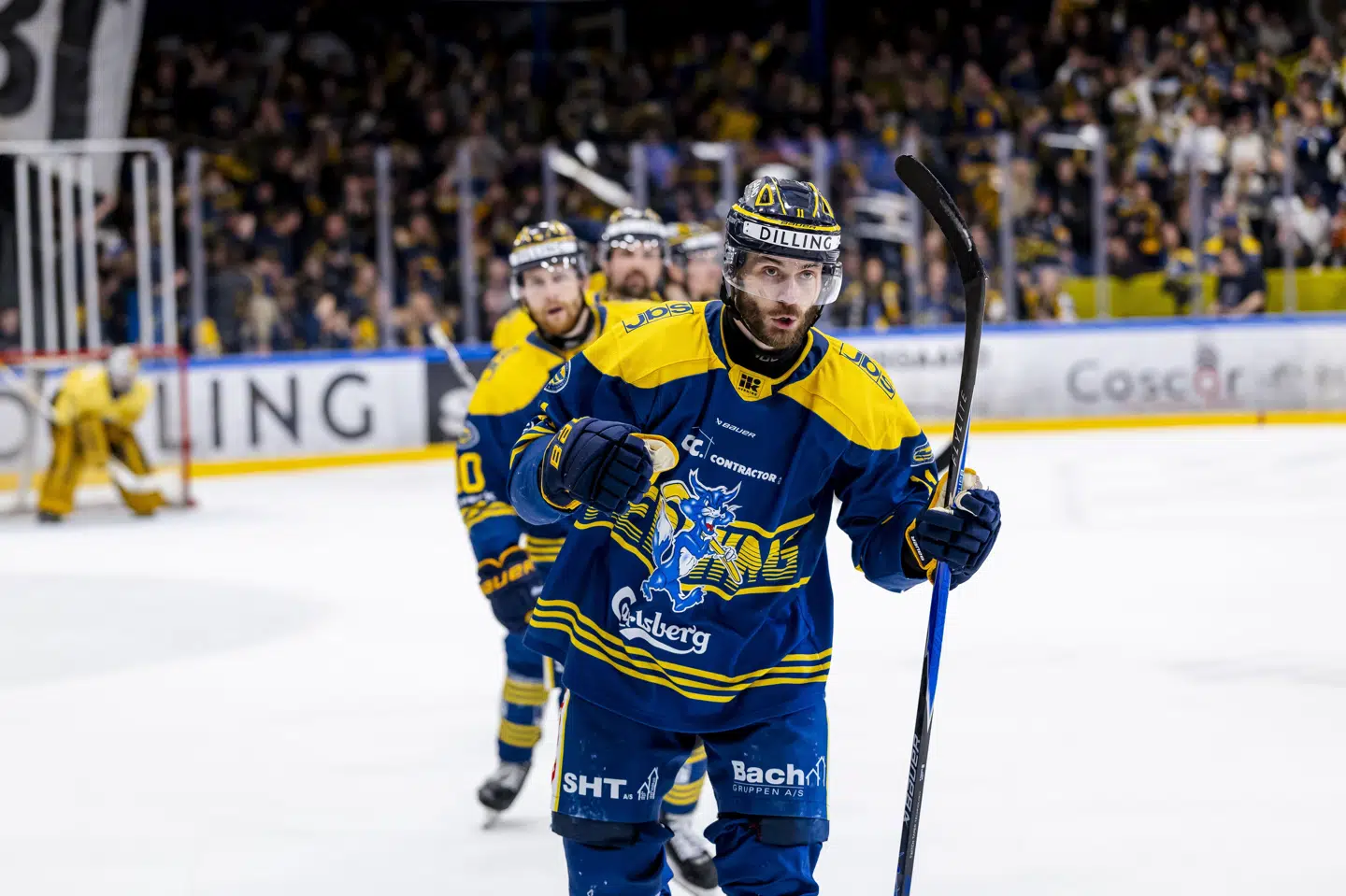 Patrick Bjorkstrand jubler efter en scoring for Herning Blue Fox i DM-finalen. Guldsæsonen blev den sidste i karrieren. (Arkivfoto).