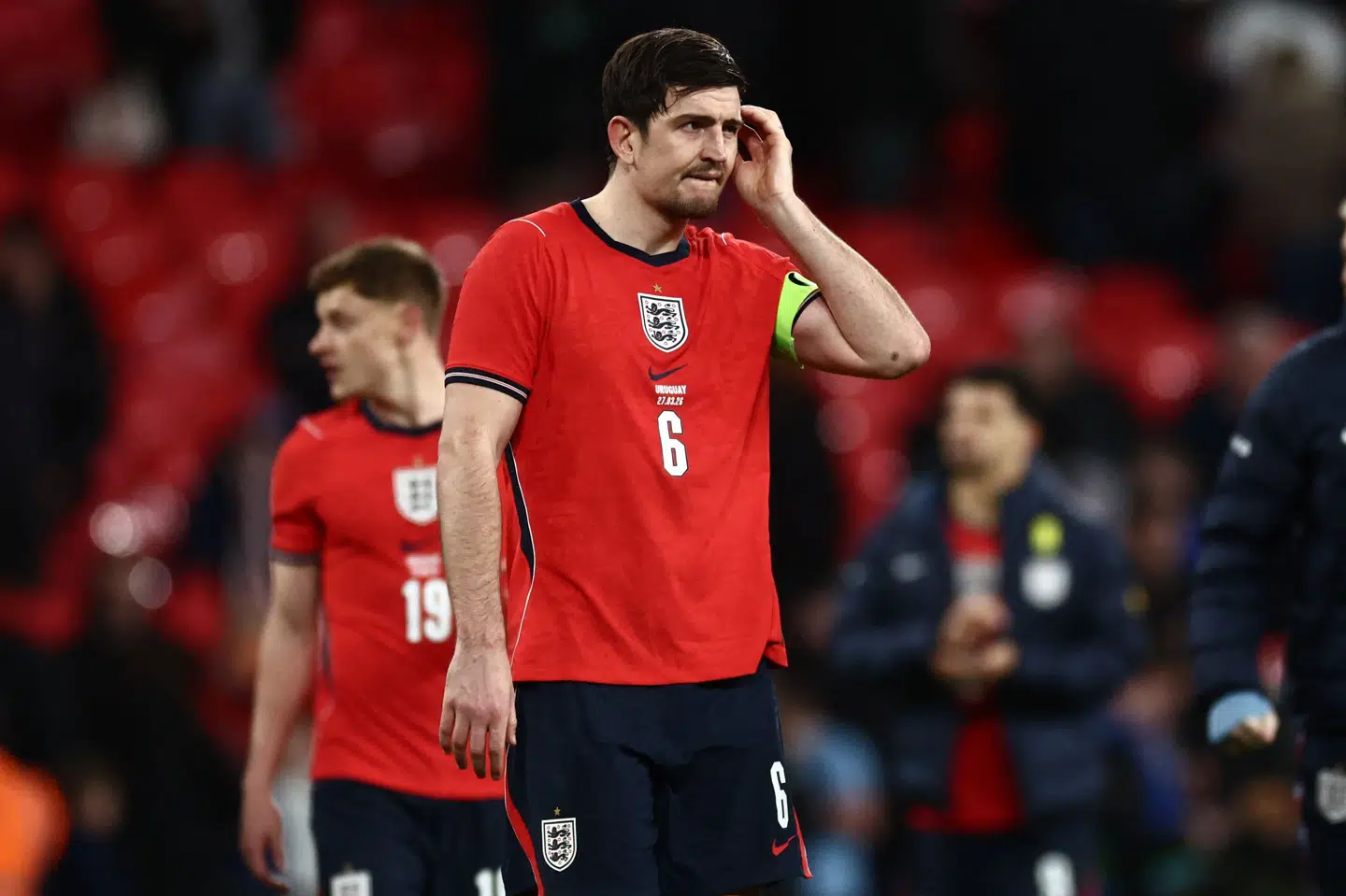 Harry Maguire var med for England i en venskabskamp i marts mod Uruguay, men han er ikke udtaget til sommerens VM i Nordamerika. (Arkivfoto).