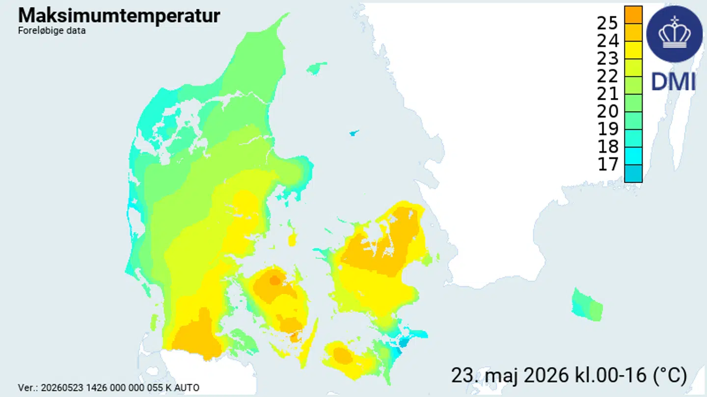 Årets første meteorologiske sommerdag er nået, skriver DMI. På billedet ses den foreløbige data for maksimumstemperaturer landet over mellem klokken 00 og 16 lørdag,