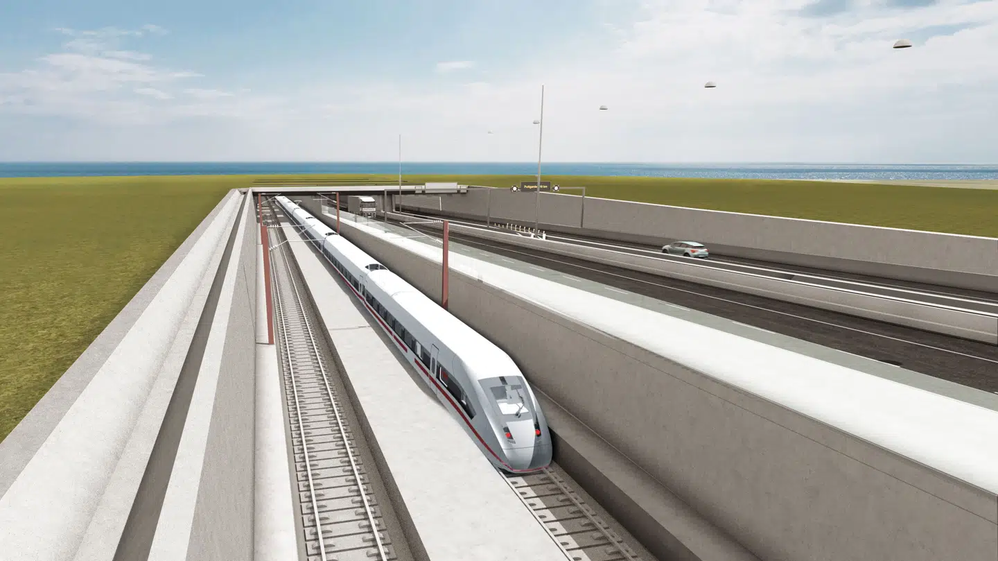 En visualisering af den planlagte tunnel mellem Lolland og Tyskland. Transportministeriet annoncerede i 2020, at bygningen af tunnel konstruktionen ville påbegynde i 2021.