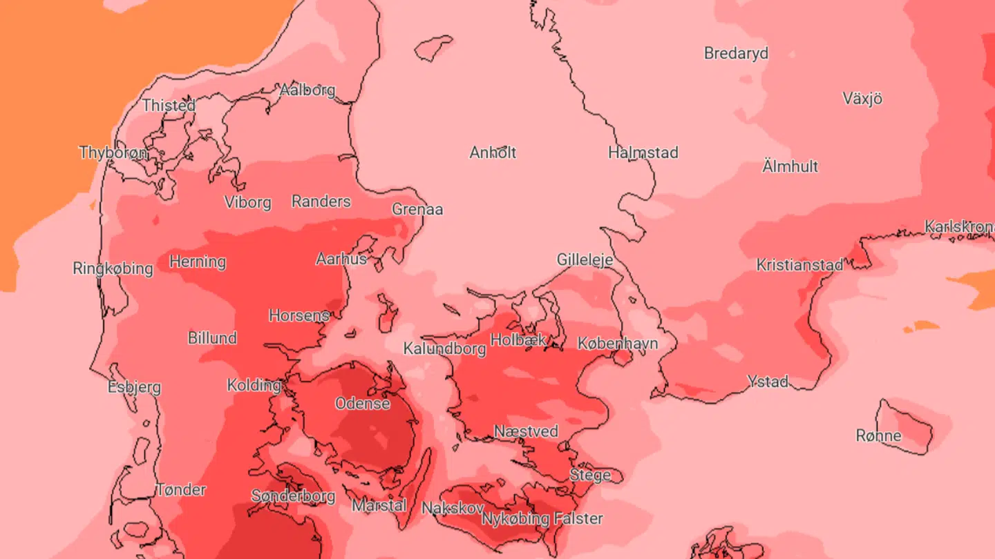 Kortet viser temperatur forskellige klokken 15.00.