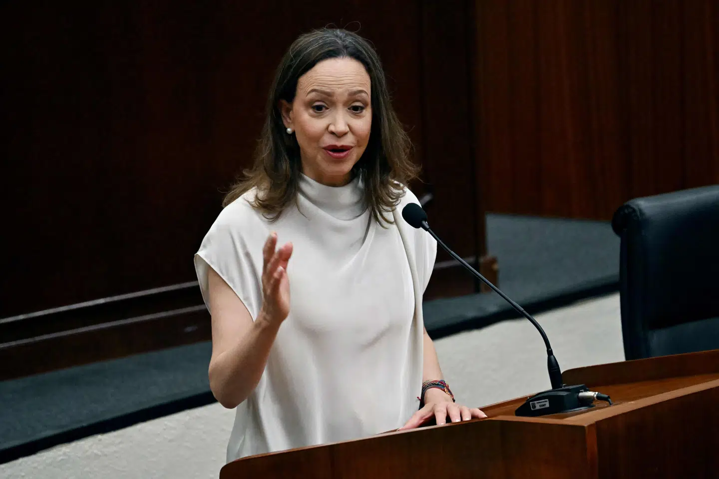 Maria Corina Machado, der er oppositionsleder i Venezuela, holdt mandag en tale i Panamas parlament. Hun ønsker at forhandle med Venezuelas midlertidige regering. (Arkivfoto).