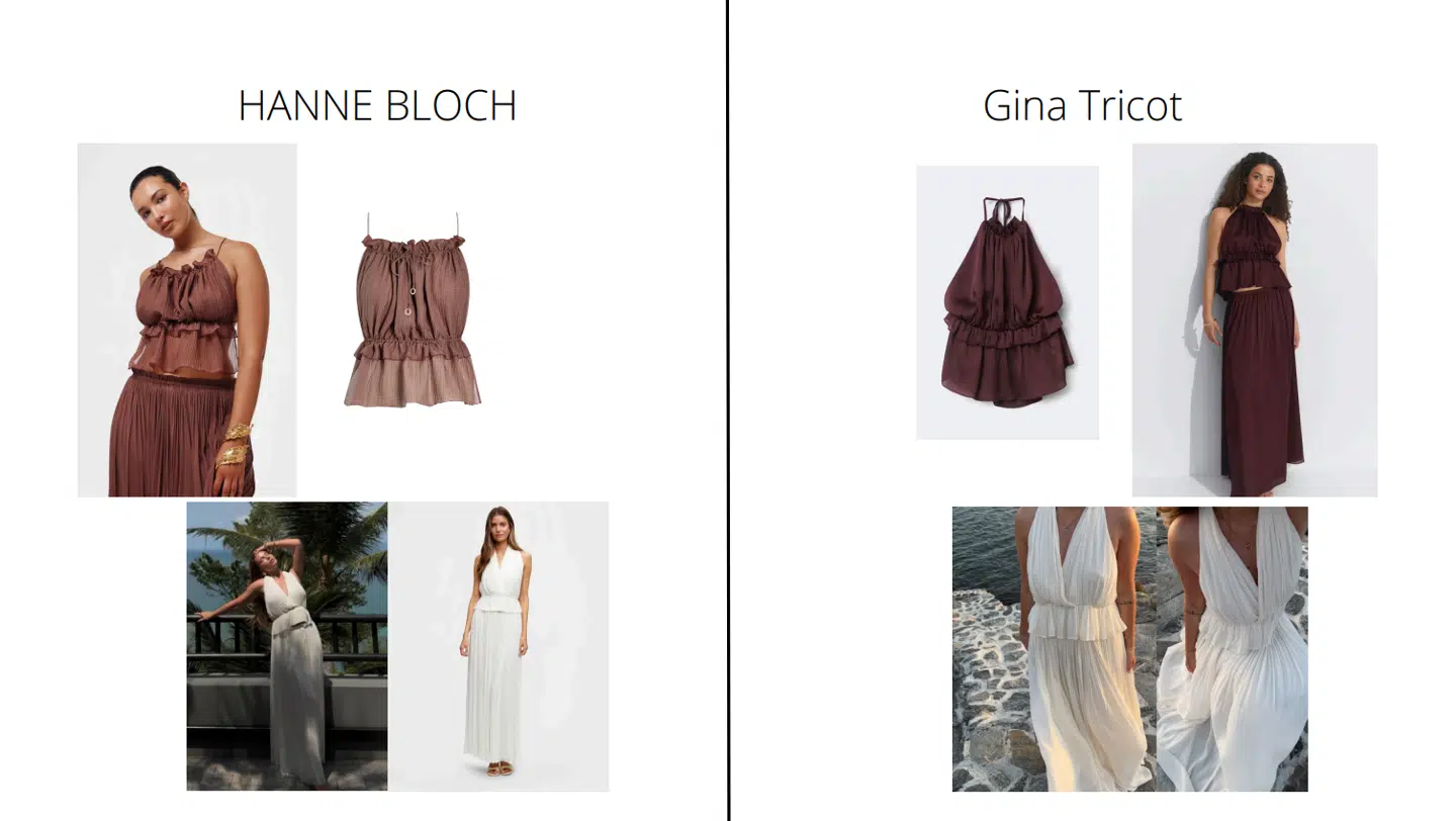 Screenshots fra Hanne Blochs (venstre) og Gina Tricots (højre) Instagram og hjemmeside. Billederne nederst til højre er de billeder Gina Tricot, efter advokatbrevet, slettede fra deres Instagram.