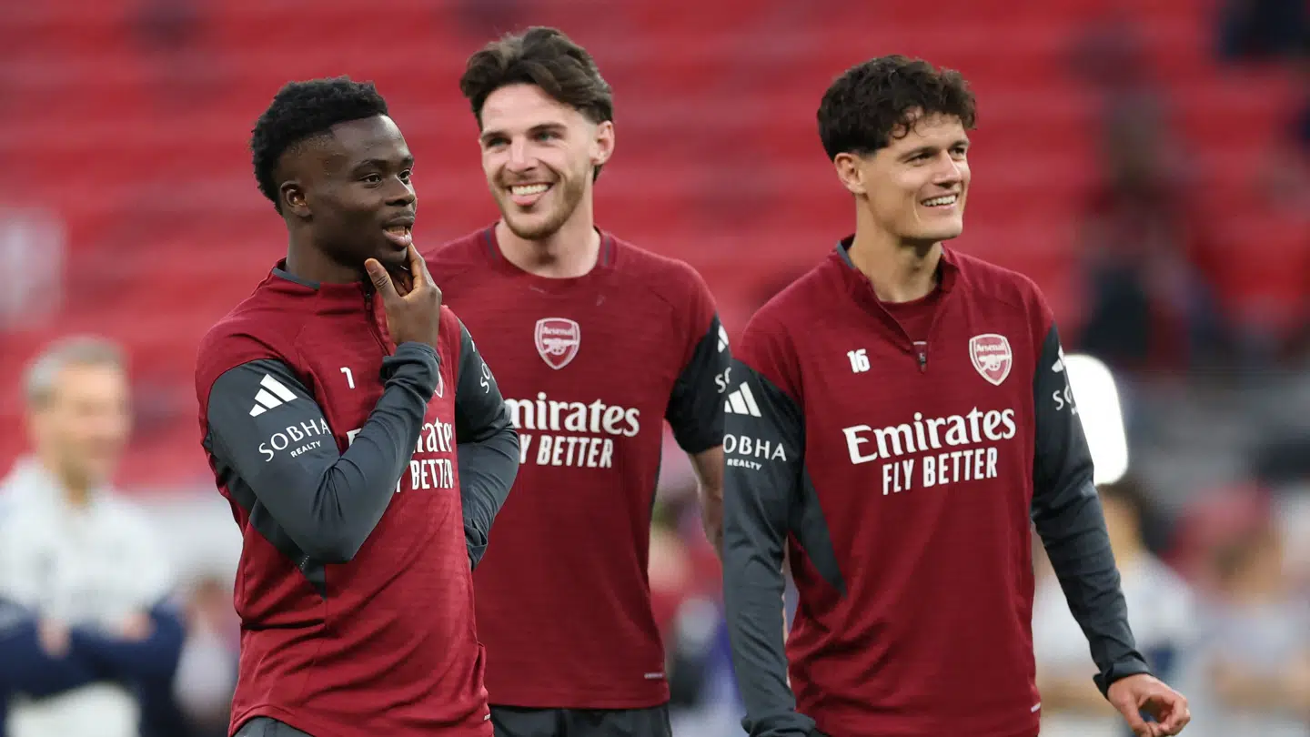 Arsenals spillere fotograferet under fredagens træning i Puskas Arena i Budapest. Her Bukayo Saka, Declan Rice og danske Christian Nørgaard.