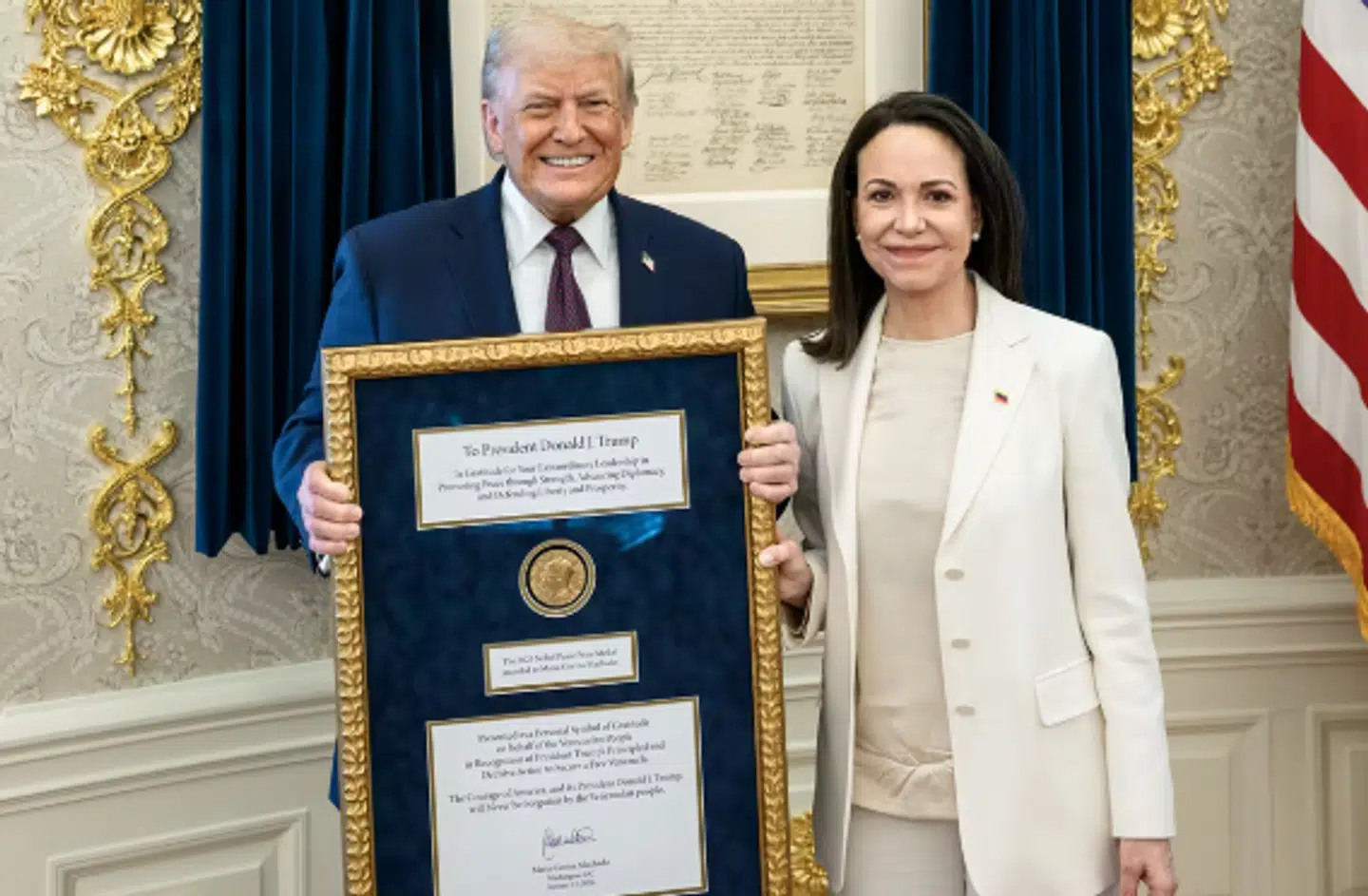 Donald Trump var glad, da han modtog prisen fra Marie Corina Machado.