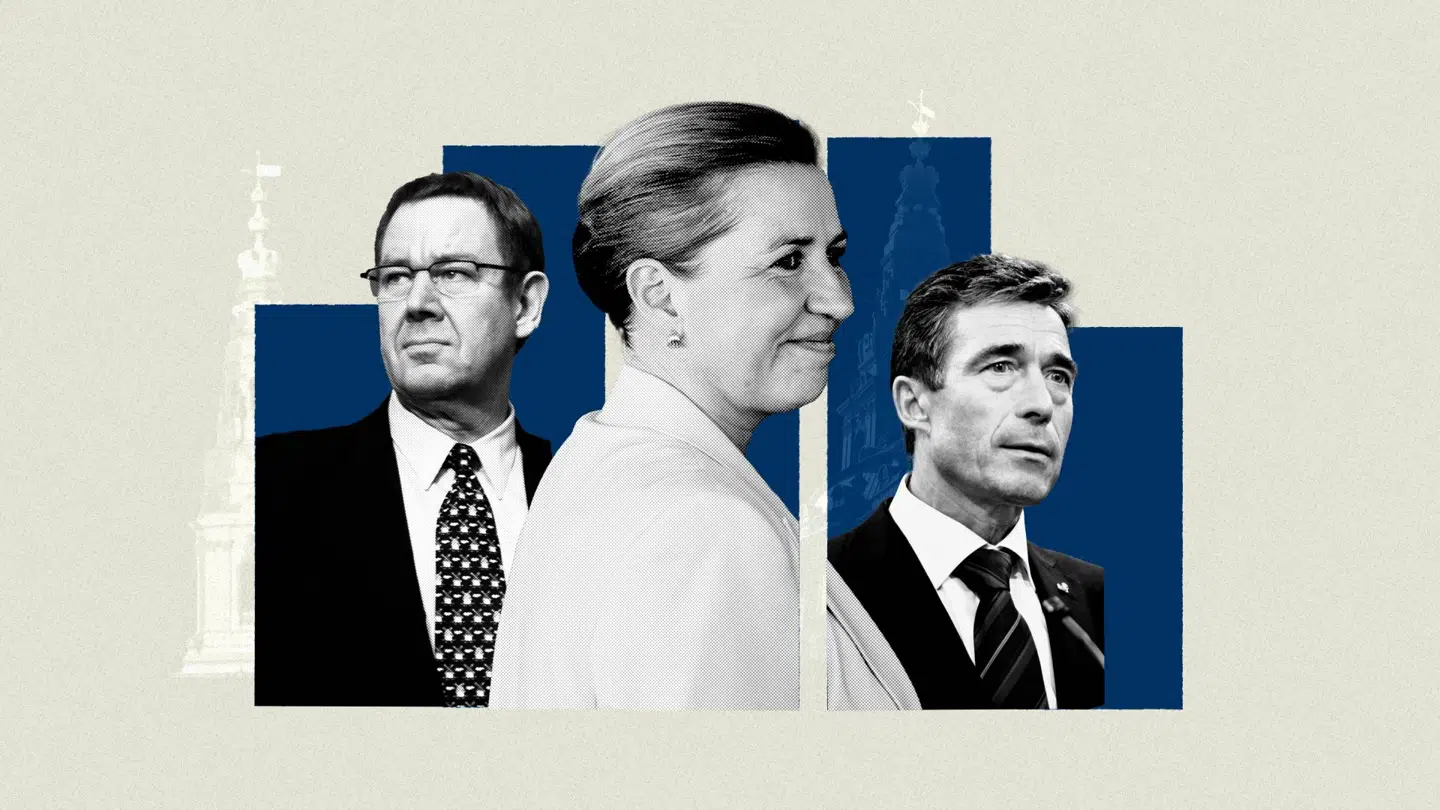 Statsminister Mette Frederiksen (S) har snart været ved magten i syv år, og længden på hendes embedsperiode nærmer sig dermed både Poul Nyrup Rasmussen (S) og Anders Fogh Rasmussens (V) ditto. Foto: Yiannis Kourtoglou/Reuters/Ritzau Scanpix, Nikolai Linares/AFP/Ritzau Scanpix, Jan Jørgensen/Ritzau Scanpix. Grafik: Emma Haunstrup