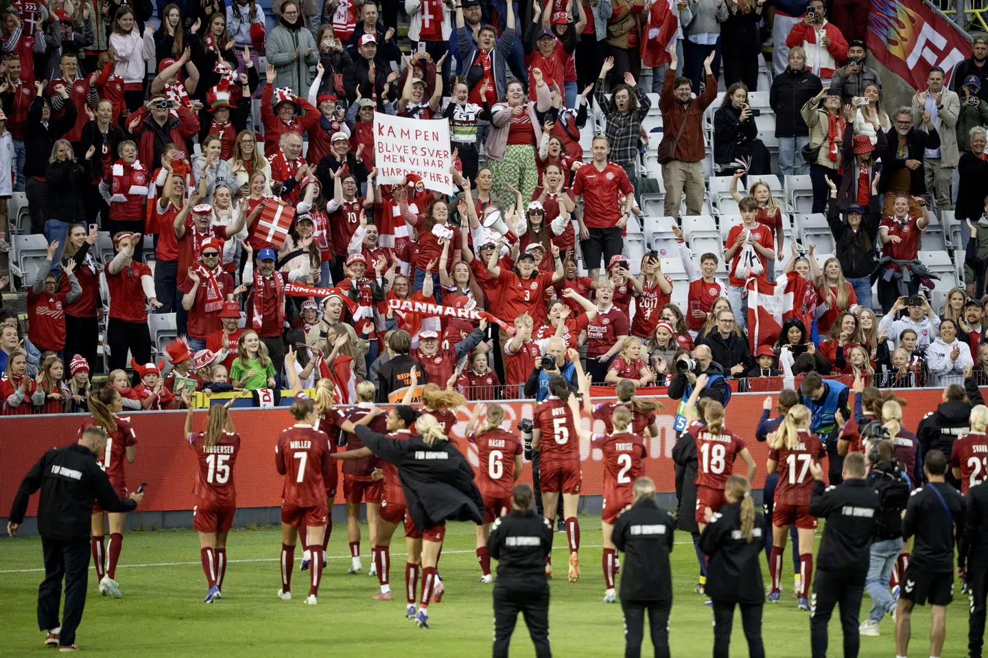 De danske spillere og hele staben fejrede sejren over Sverige sammen med fansene i Odense.