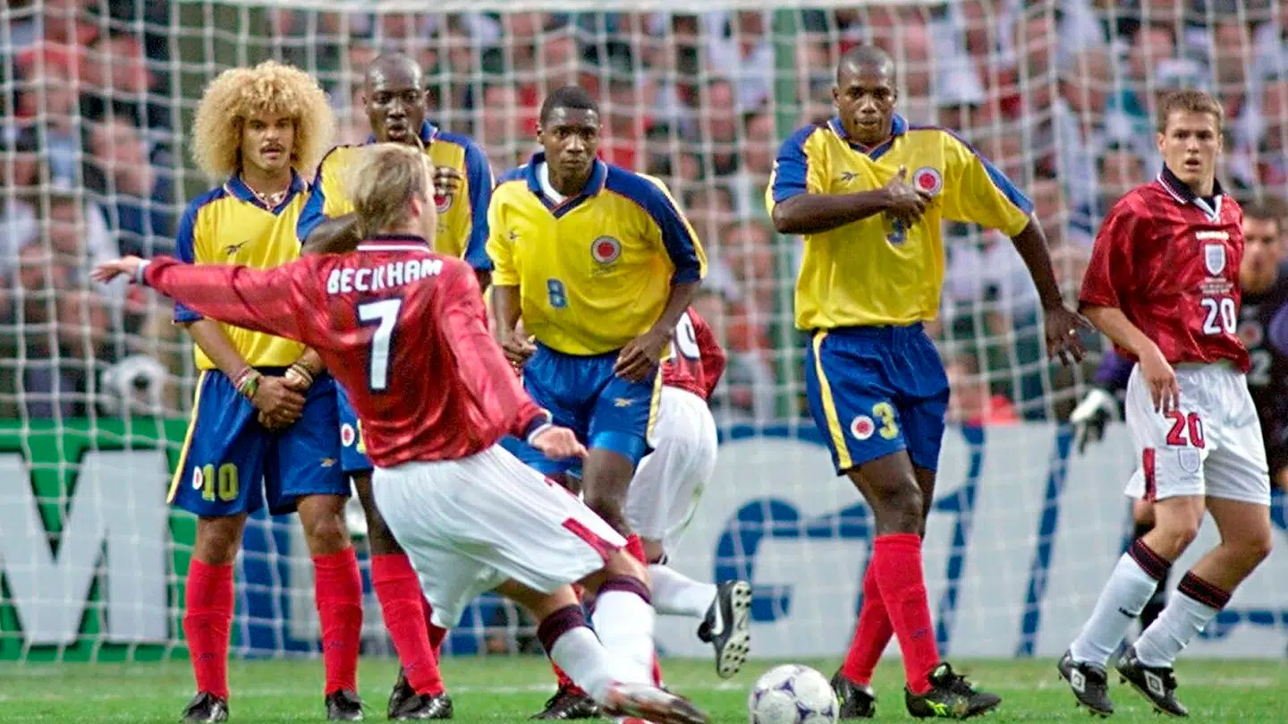 David Beckham fotograferet umiddelbart før, han scorede sit mål under kampen mod Colombia. Et mål han aldrig vil glemme.