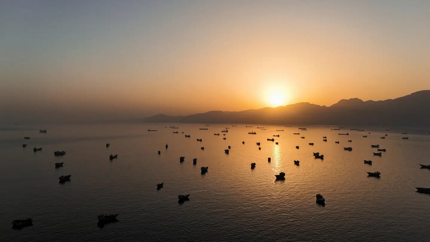 Dronebillede af skibe forankret i Hormuzstrædet set fra Musandam, Oman, 3. juni 2026.