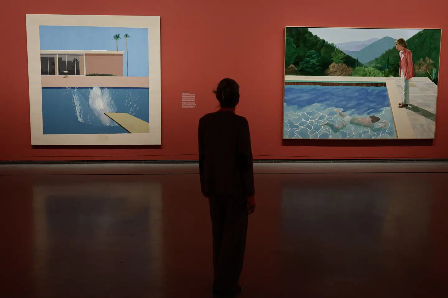 En museumsgæst betragter på et kunstmuseum i Paris malerierne "A Bigger Splash" (til venstre) og "Portrait of an Artist (Pool with Two Figures)" (til højre) af David Hockney. Sidstnævnte satte rekord på auktion i 2018. (Arkivfoto).