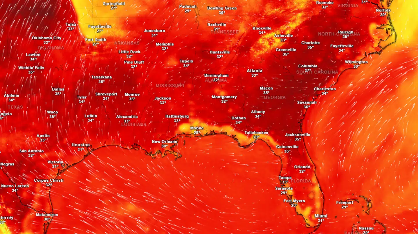 Lørdag eftermiddag lokal tid vil temperaturen mange steder i USA komme over 35 grader.