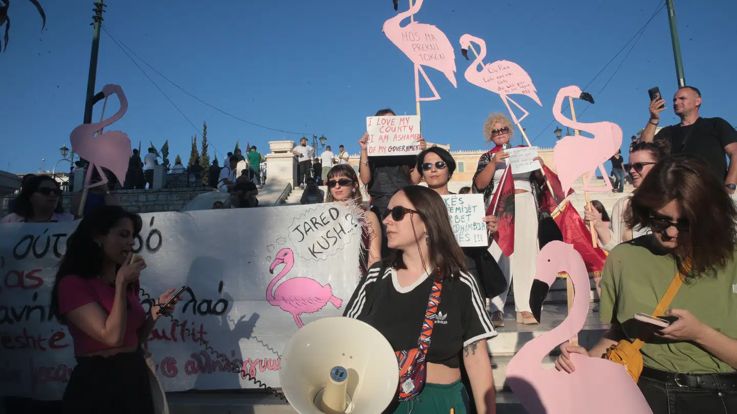Flamingoen er blevet symbol på demonstrationerne i Albanien.
